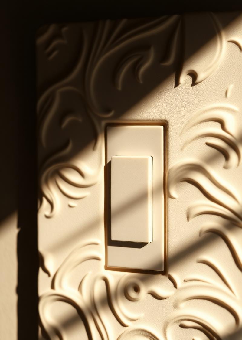 Close-up of a 3D-embossed wall plate showing deep sculptural relief